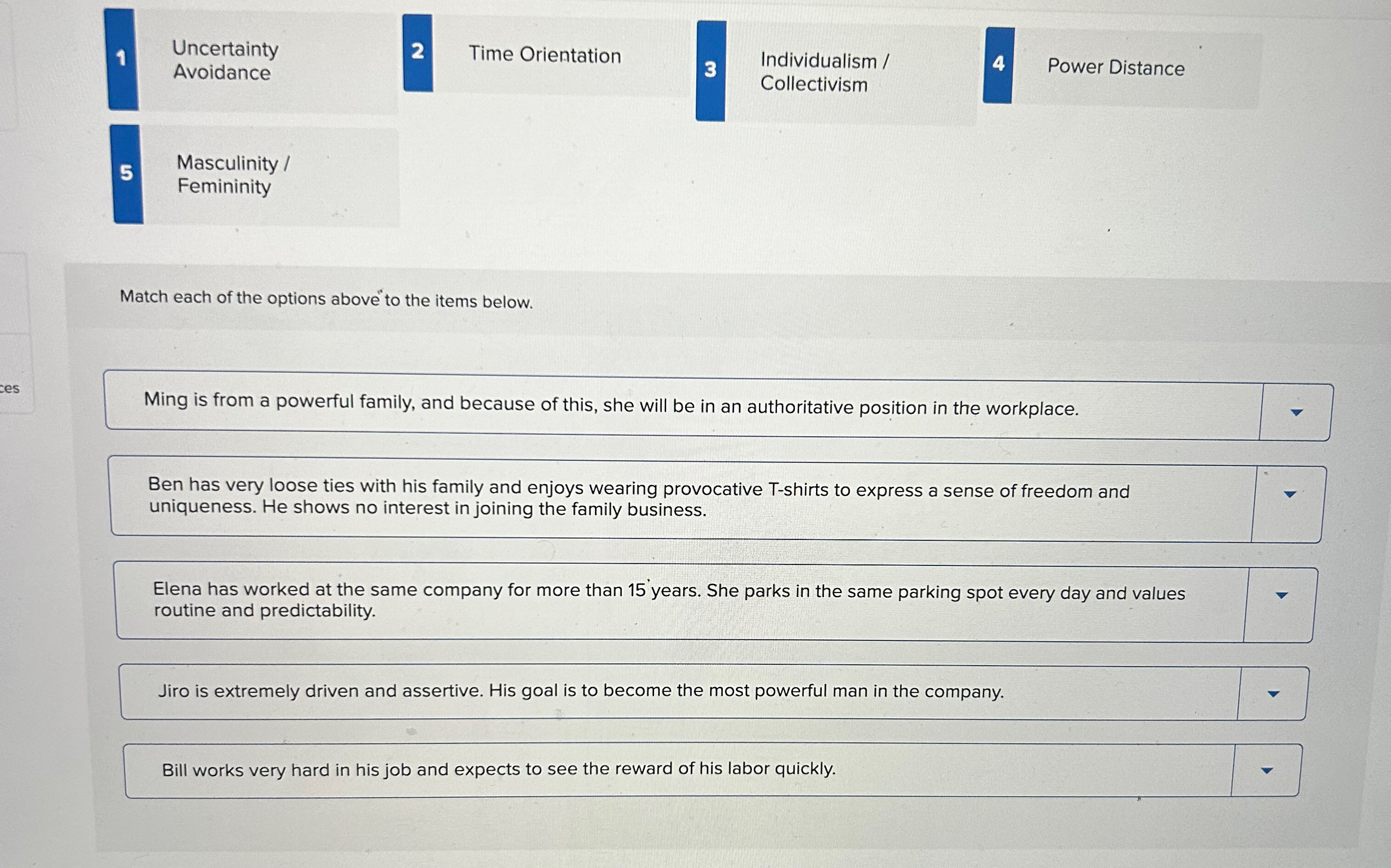  Uncertainty Avoidance 2 Time Orientation 3 Individualism / Collectivism 4 Power