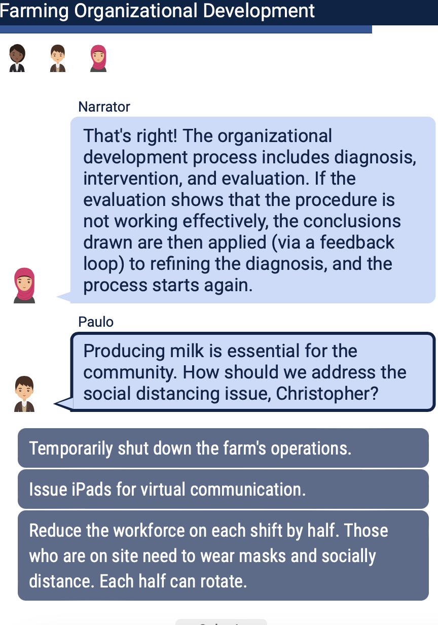 That's right! The organizational development process includes diagnosis, intervention, and evaluation.