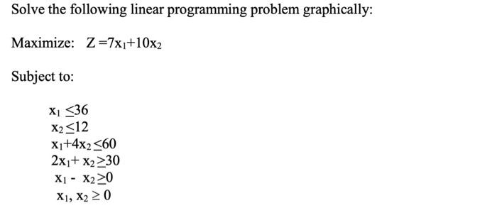  Solve the following linear programming problem graphically: Maximize: Z=7x1+10x2 Subject to: