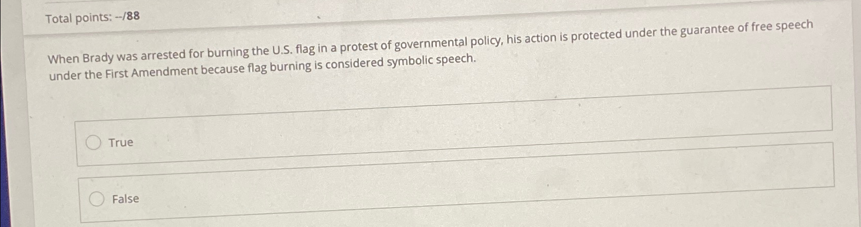  Total points: -88 When Brady was arrested for burning the U.S.