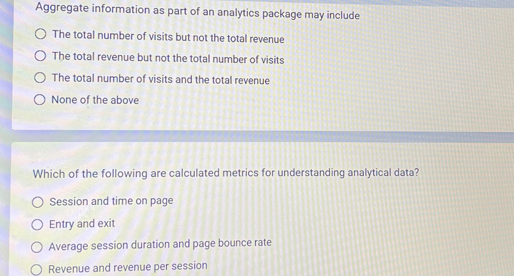  Aggregate information as part of an analytics package may include The