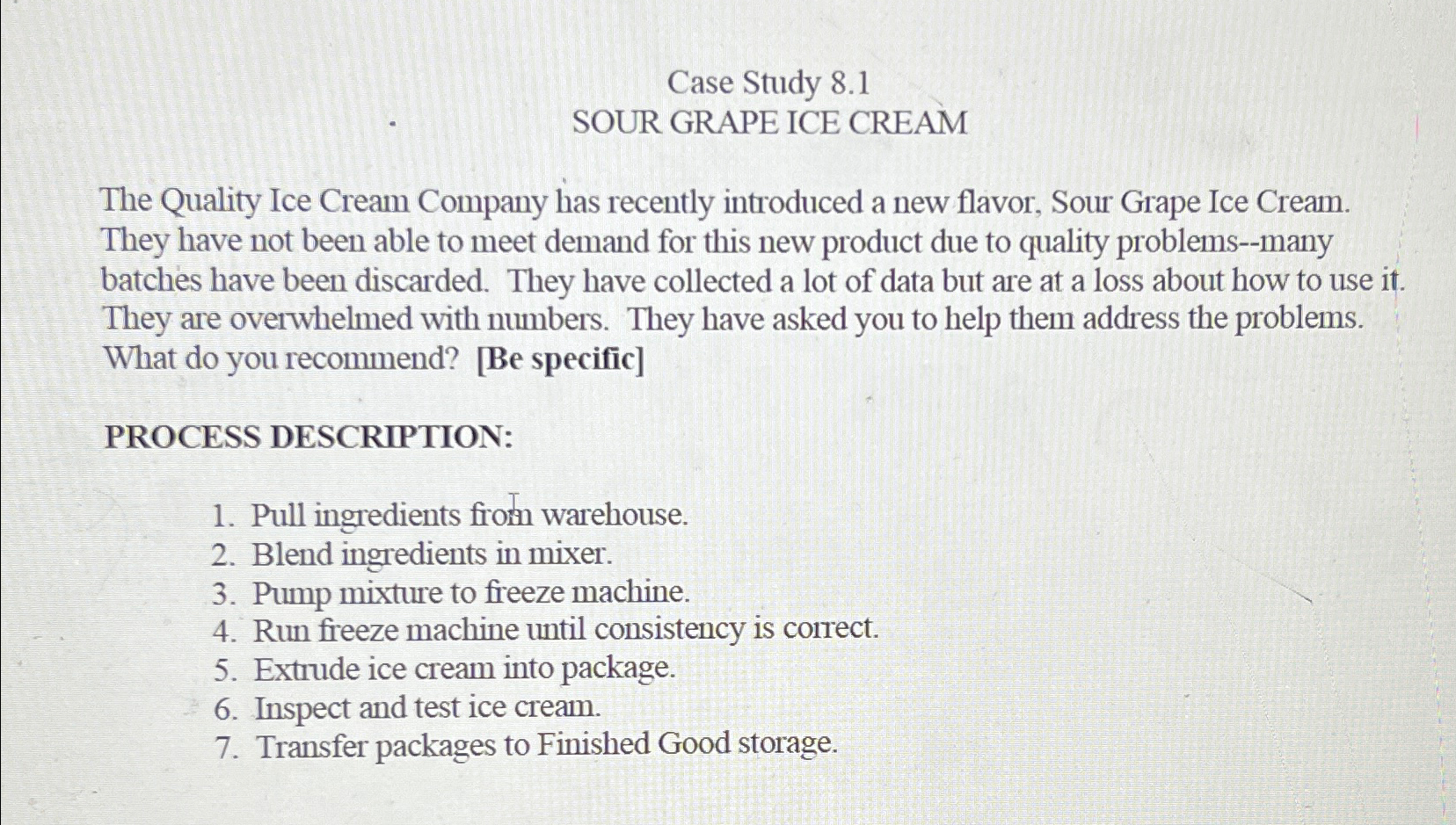  Case Study 8.1 SOUR GRAPE ICE CREAM The Quality Ice Cream
