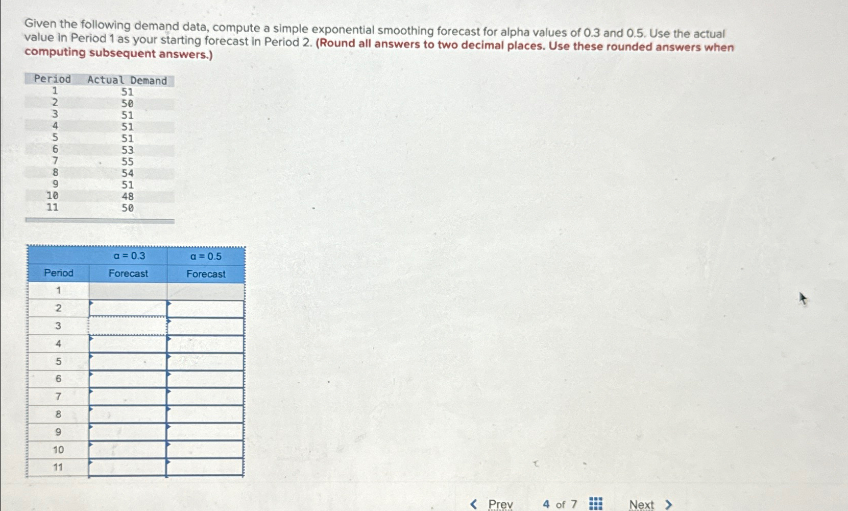  Given the following demand data, compute a simple exponential smoothing forecast