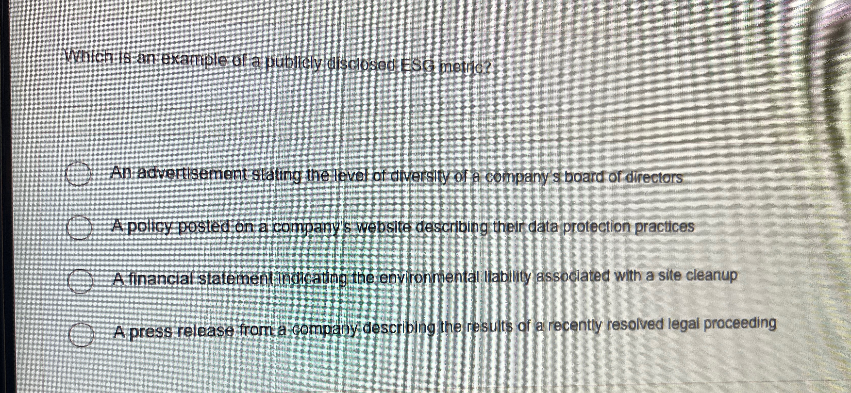  Which is an example of a publicly disclosed E.S.G. metric one