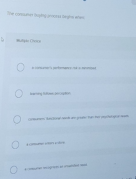  The consumer buying process begins when; Multiple Choice a consumer's performance