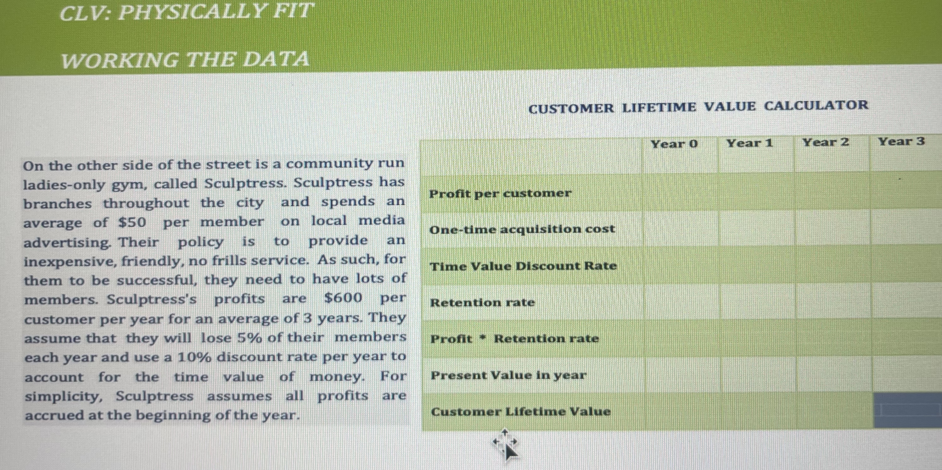  CLV: PHYSICALLY FIT WORKING THE DATA CUSTOMER LIFETIME VALUE CALCULATOR On