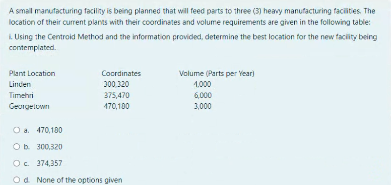  A small manufacturing facility is being planned that will feed parts
