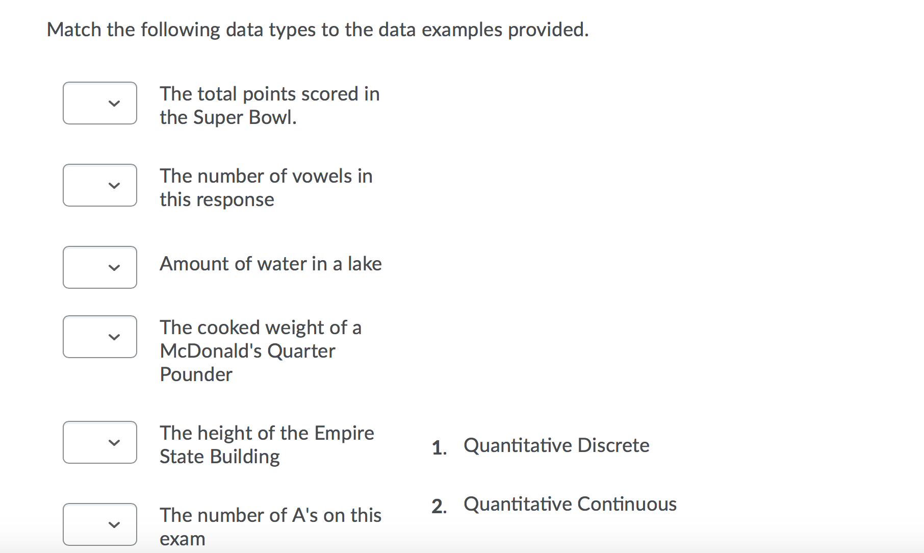 Please help Match the following data types to the data examples provided.