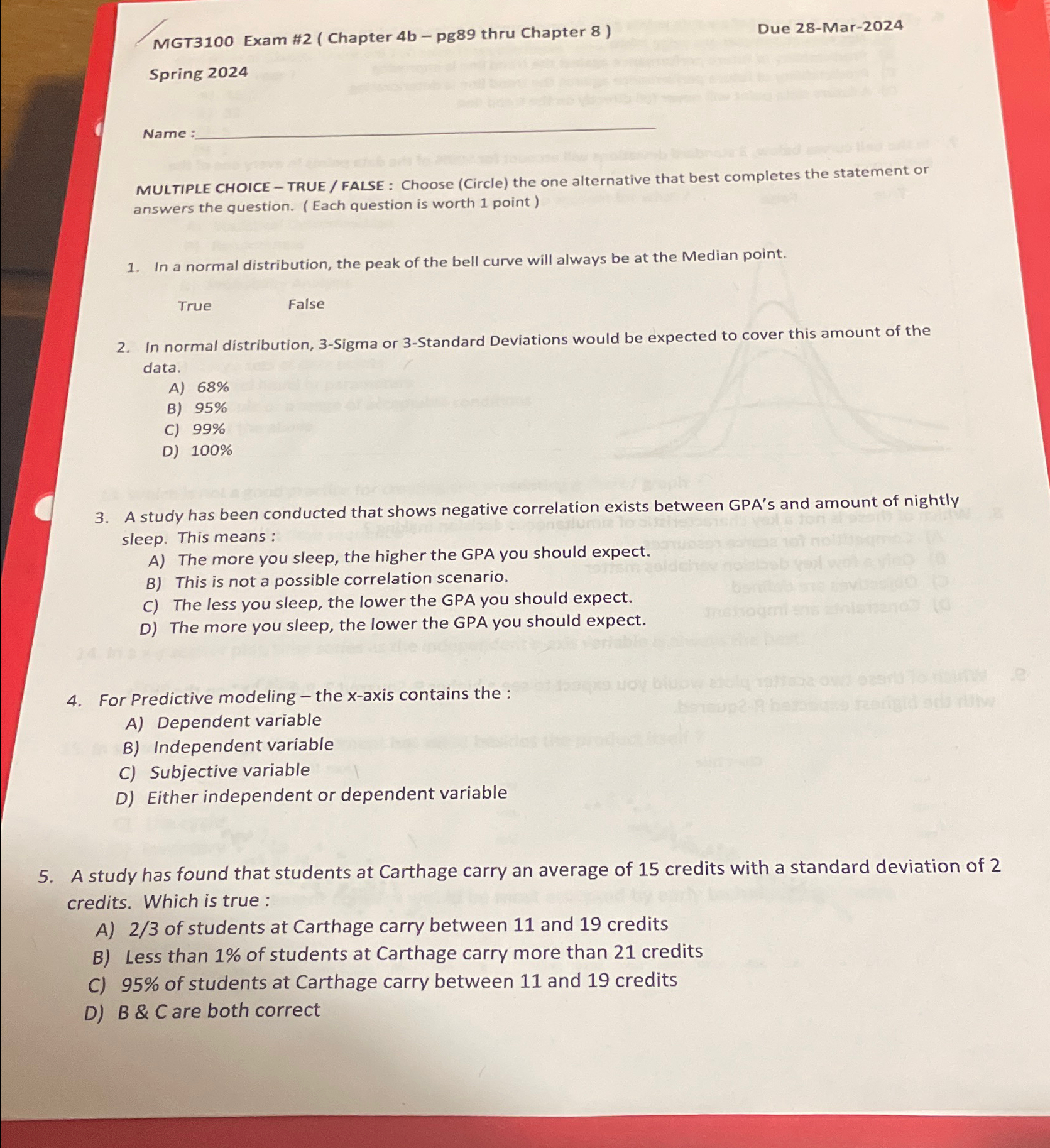  MGT3100 Exam #2(Chapter 4b - pg89 thru Chapter 8) Due 28-Mar-2024