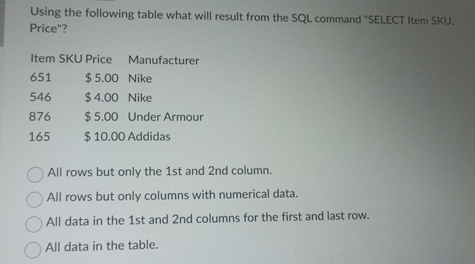  Using the following table what will result from the SQL command