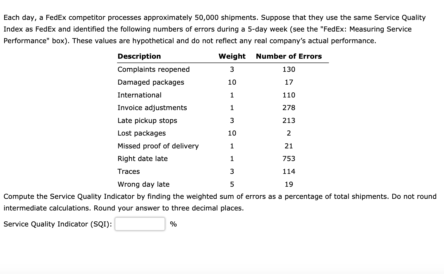  Each day, a FedEx competitor processes approximately 50,000 shipments. Suppose that