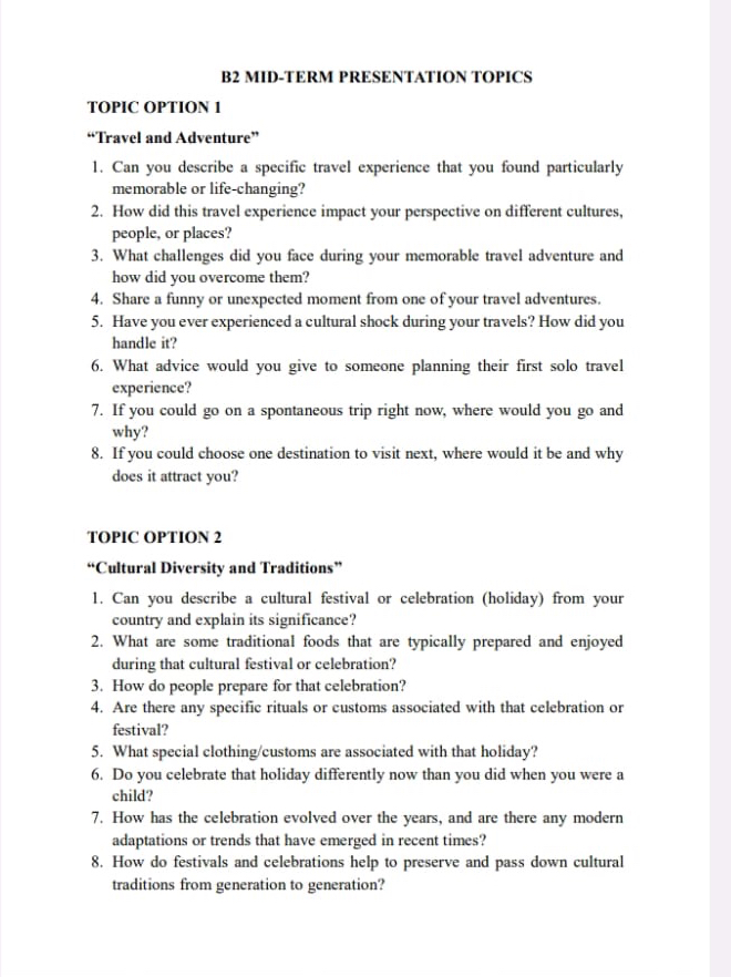  B2 MID-TERM PRESENTATION TOPICS TOPIC OPTION 1 "Travel and Adventure" Can