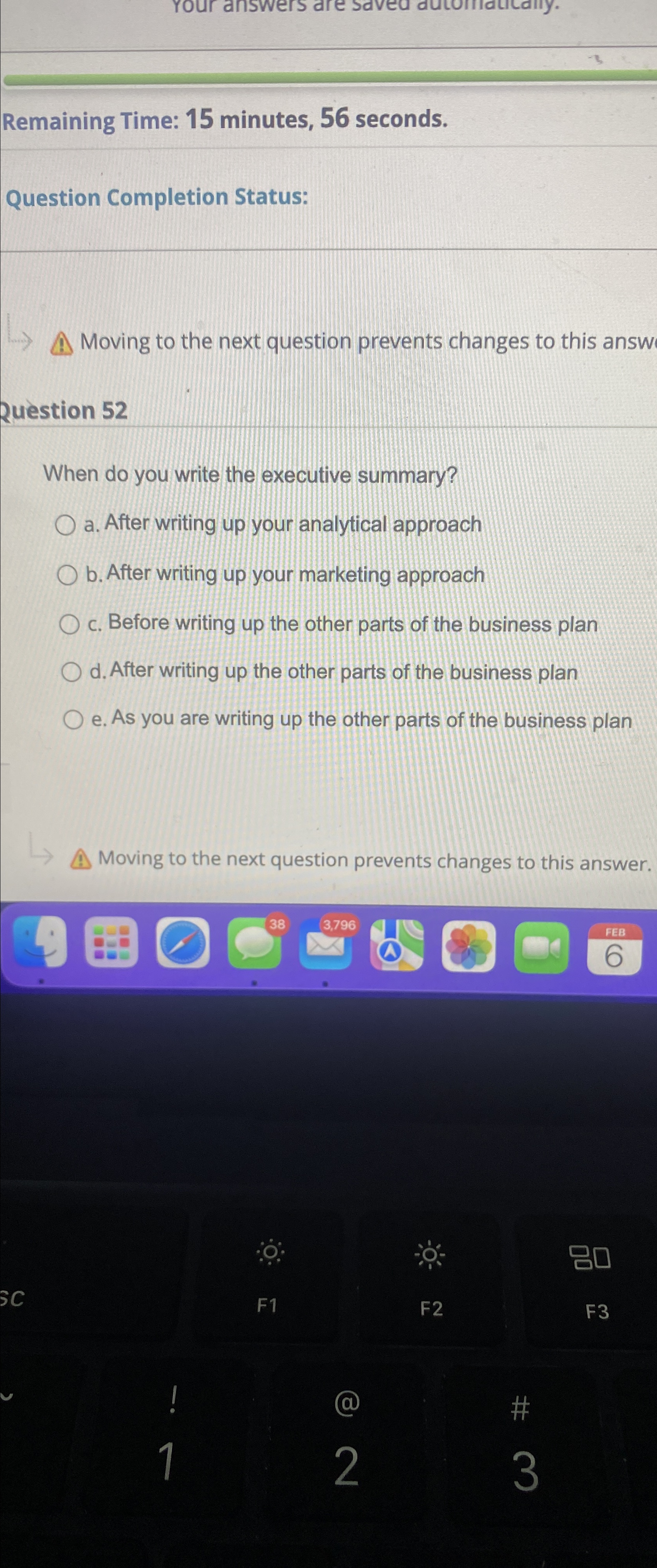  Remaining Time: 15 minutes, 56 seconds. Question Completion Status: Moving to