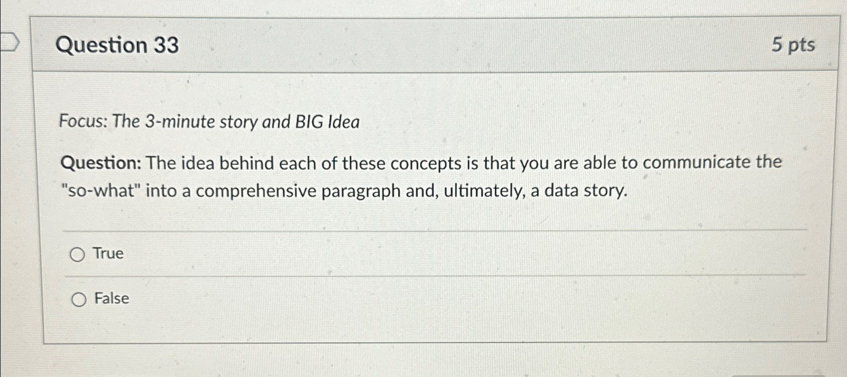  Question 33 5pts Focus: The 3-minute story and BIG Idea Question: