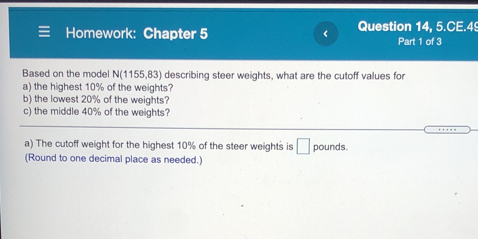 Question 14, 5054' Homework: Chapter 5 Based on the model N(1155