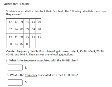 Question 9/10 Question 9 (1 point) Students in a statistics class took