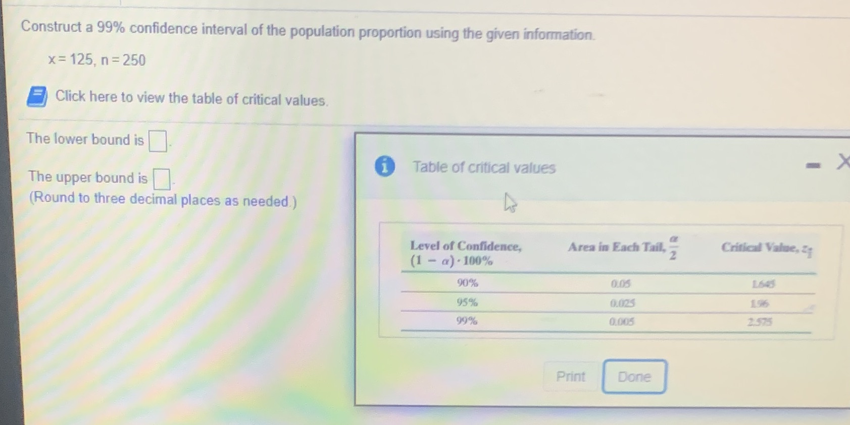  Construct a 99% confidence interval of the population proportion using the
