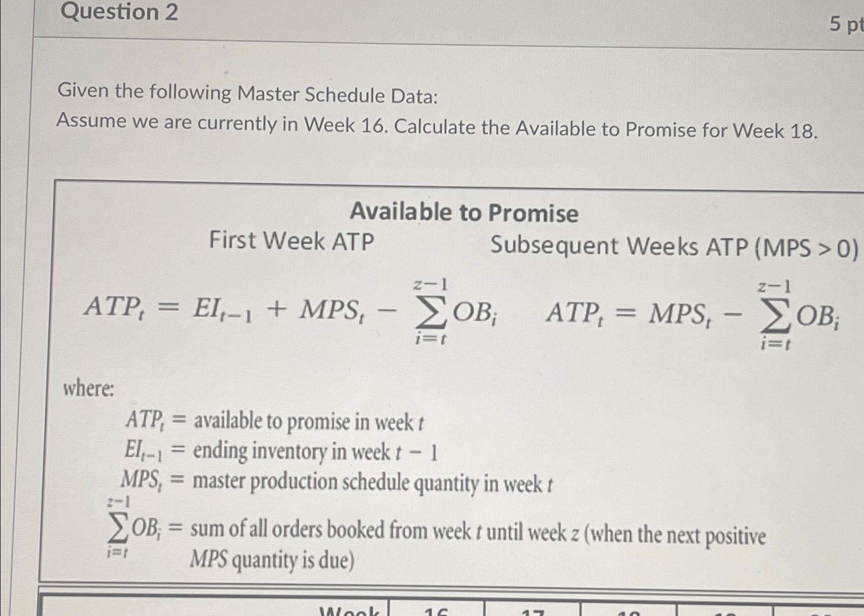  Question 2 Given the following Master Schedule Data: Assume we are