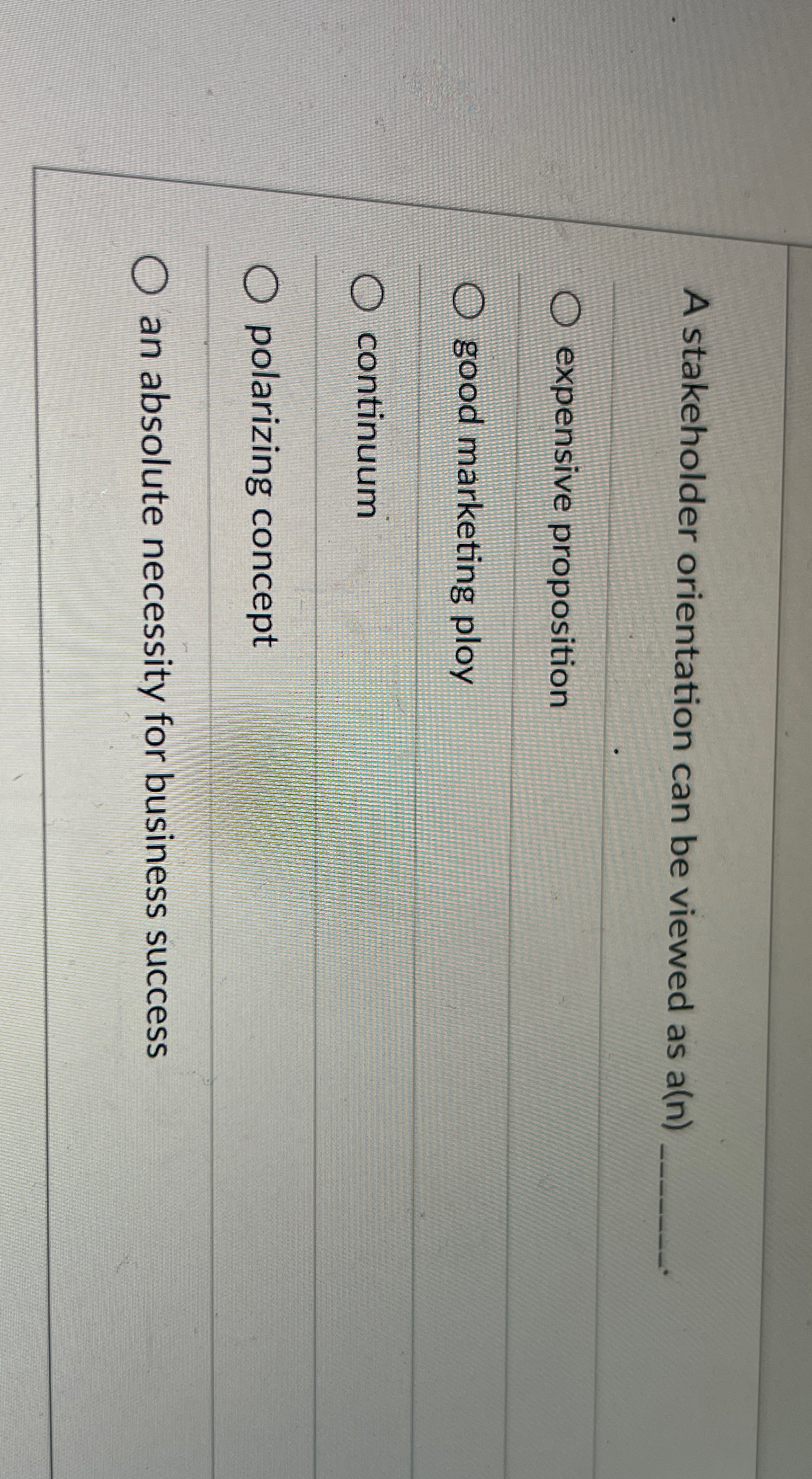  A stakeholder orientation can be viewed as a(n) expensive proposition good
