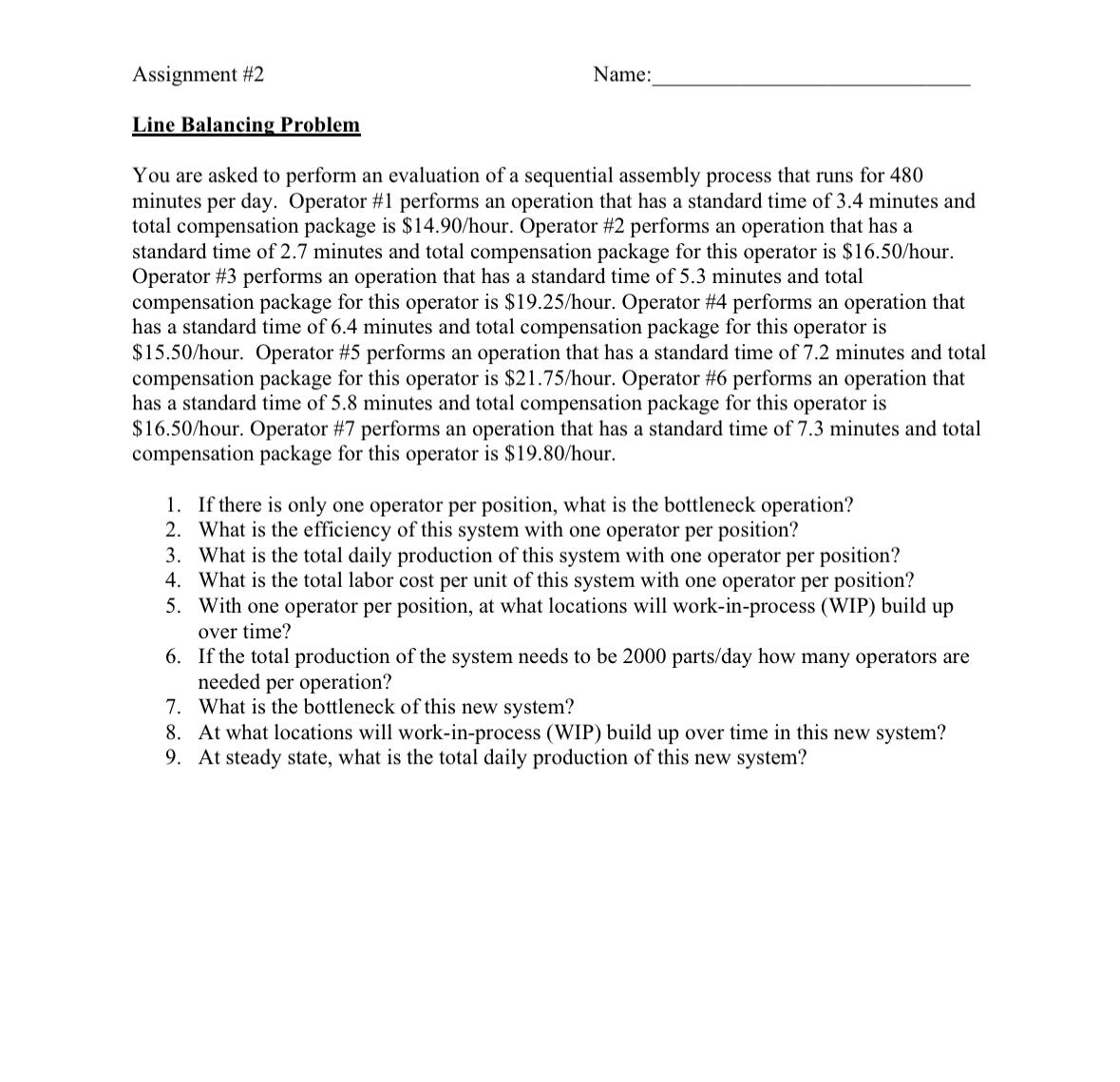  Assignment #2 Nam Line Balancing Problem You are asked to perform