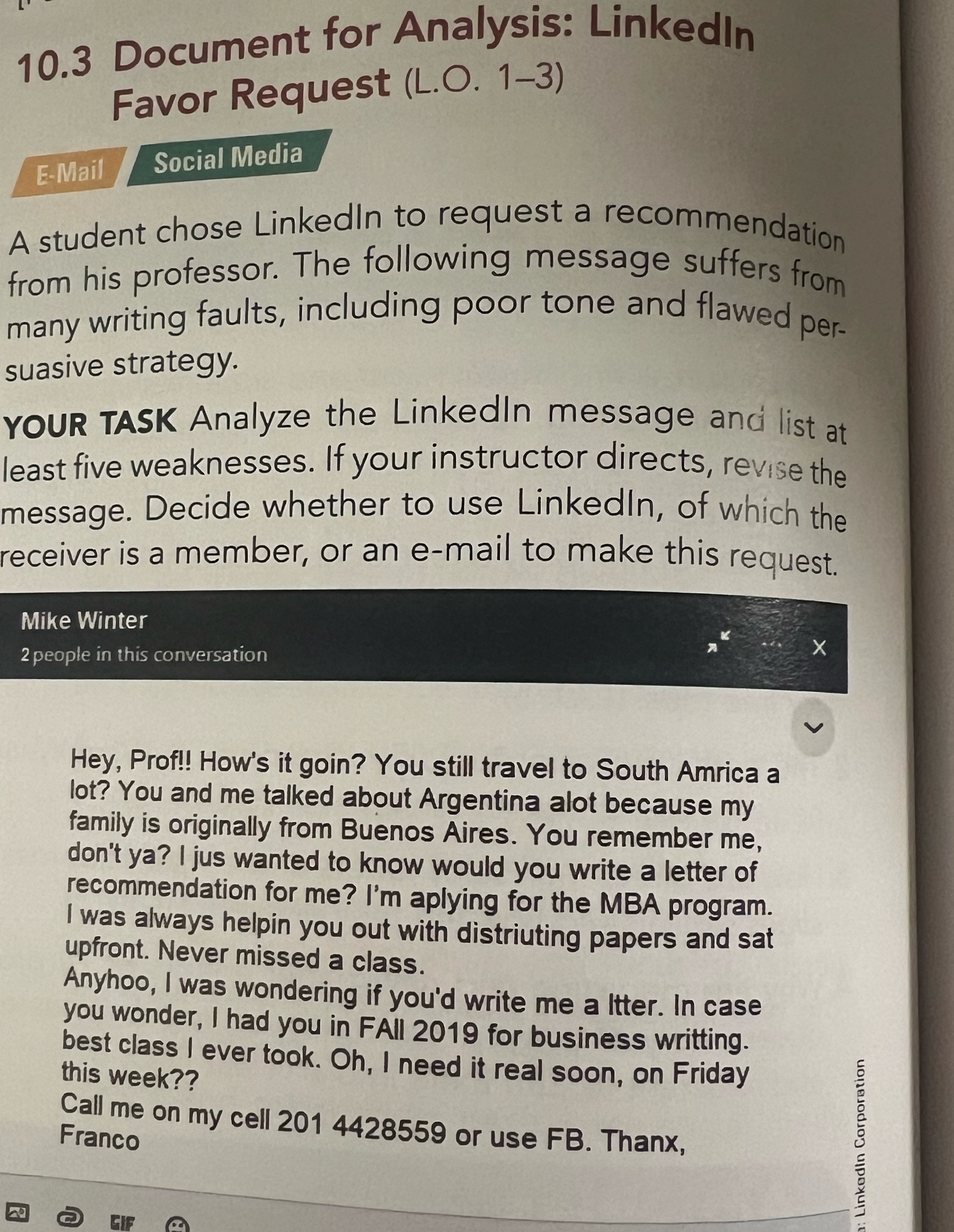  10.3 Document for Analysis: Linkedin Favor Request (L.O.1-3) A student chose