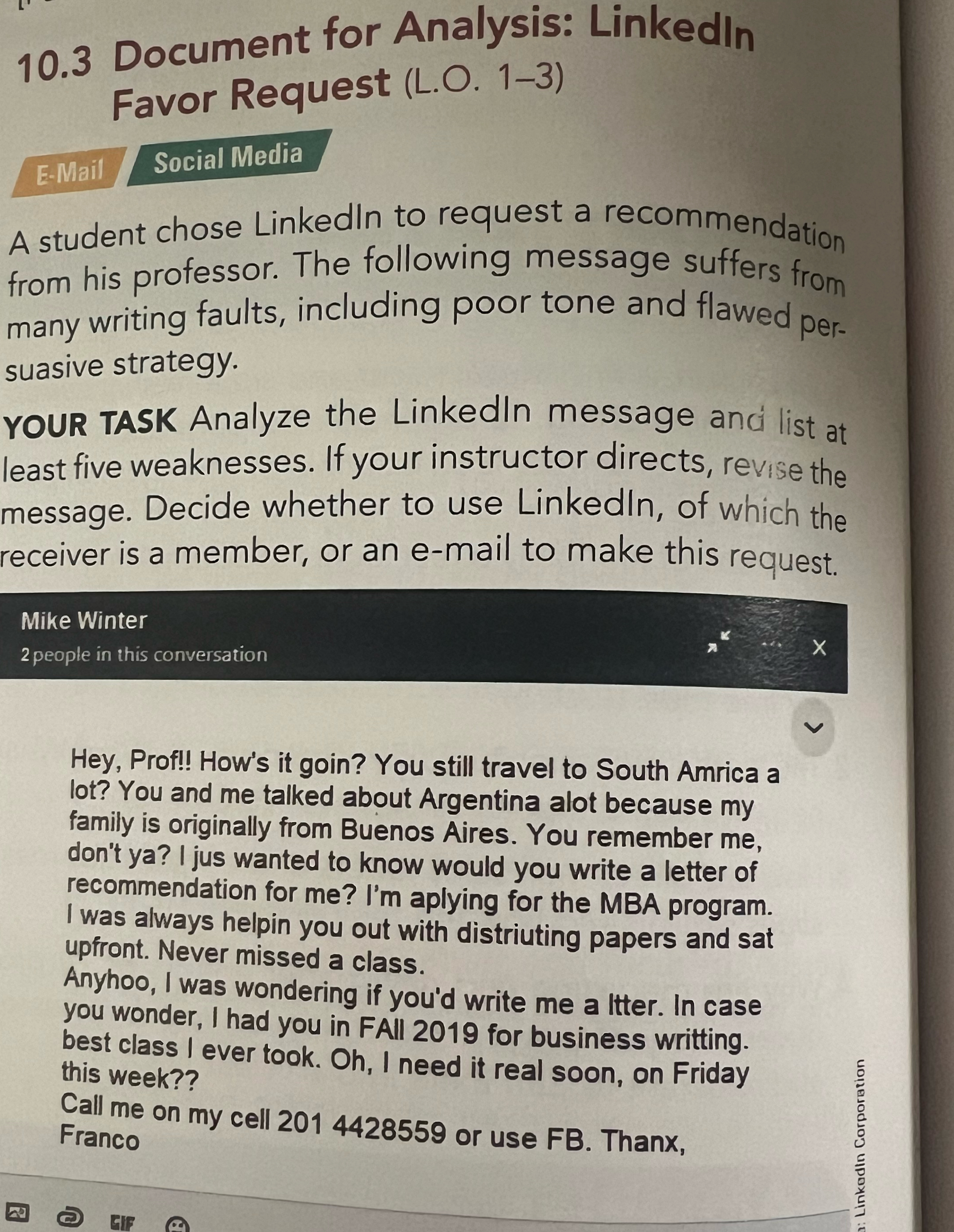  10.3 Document for Analysis: Linkedin Favor Request (L.O.1-3) A student chose