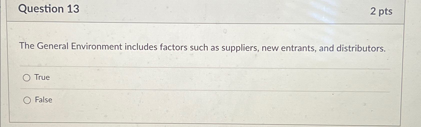  Question 13 2 pts The General Environment includes factors such as