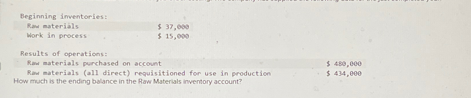  Beginning inventories: \table[[Raw materials,$37,000 