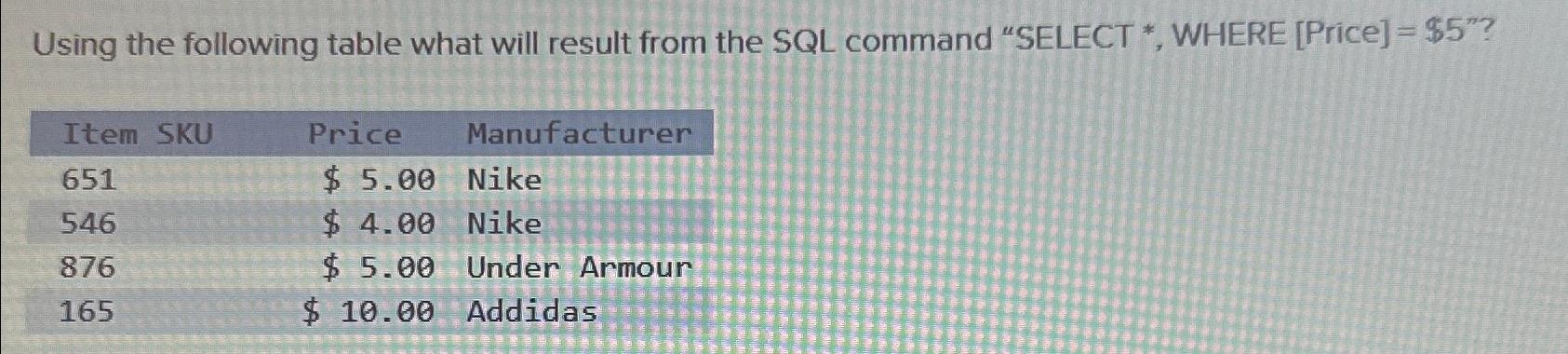  Using the following table what will result from the SQL command