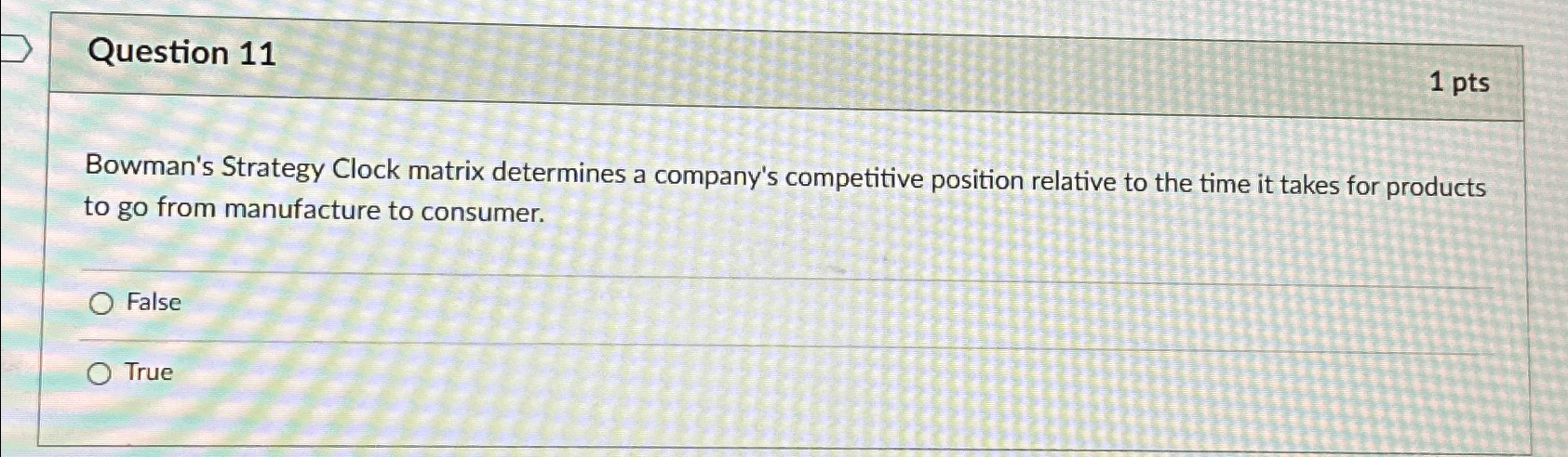  Question 11 1 pts Bowman's Strategy Clock matrix determines a company's