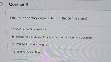  Question 8 What is the primary deliverable from the Define phase?