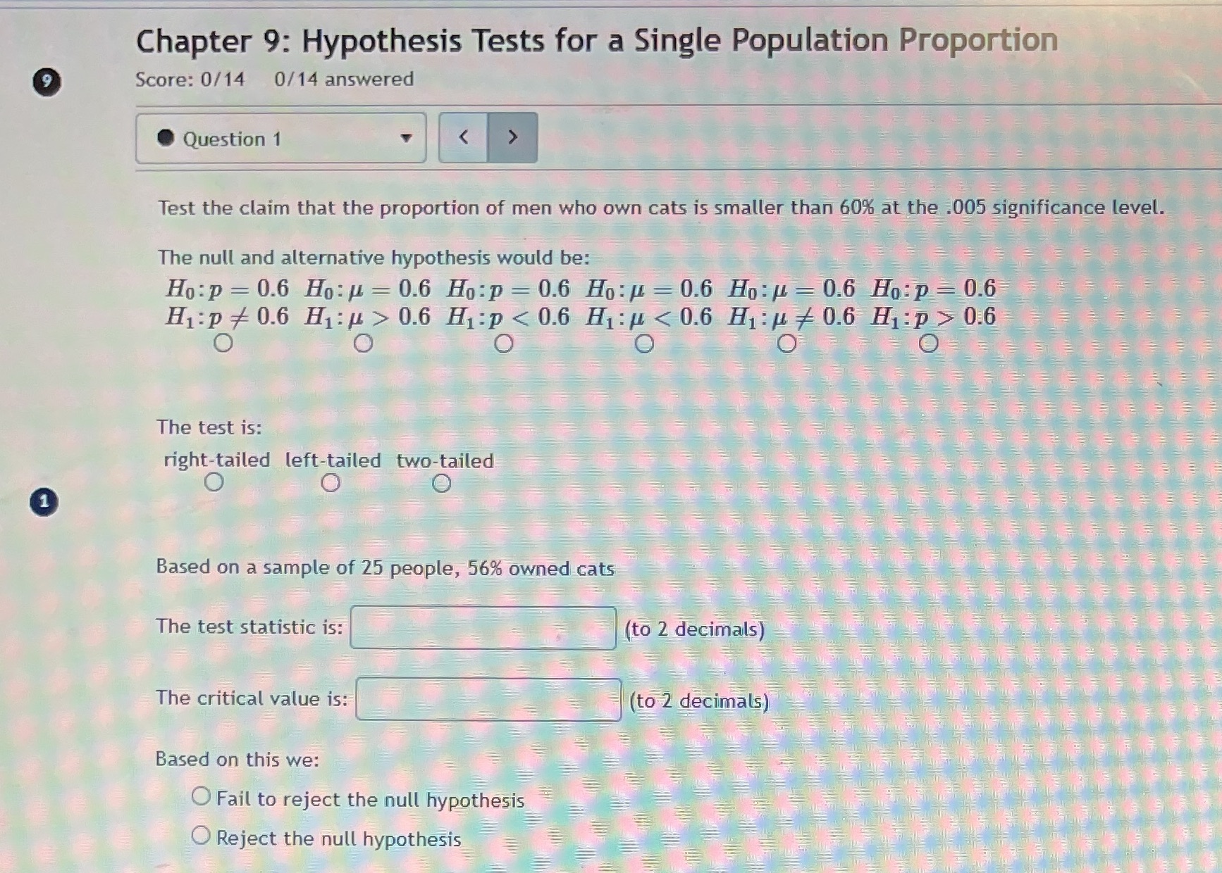  Chapter 9: Hypothesis Tests for a Single Population Proportion Score: 0/14
