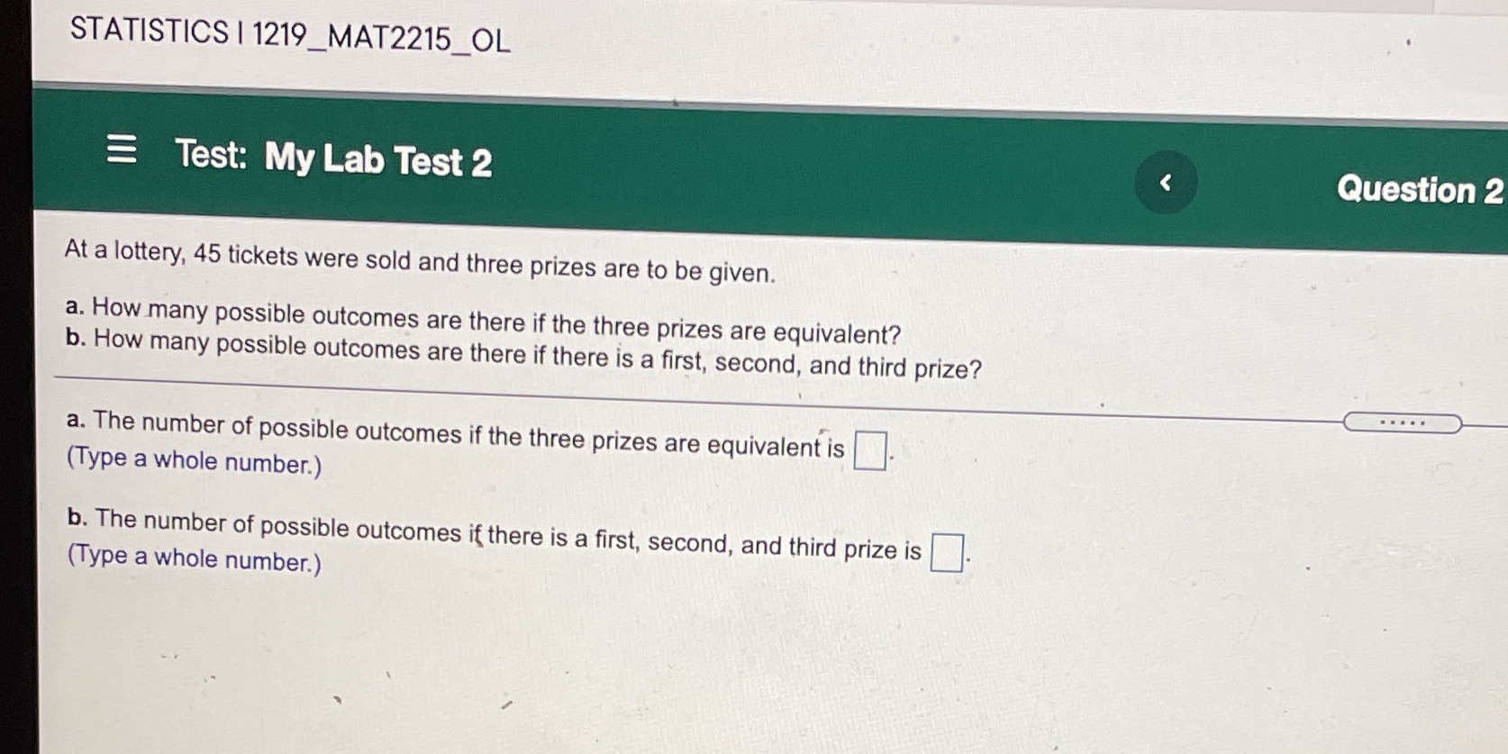 STATISTICS | 1219_MAT2215_OL =Test: My Lab Test 2