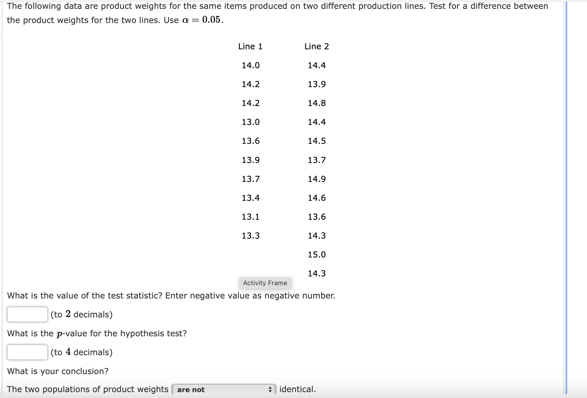 The following data are product weights for the same items produced
