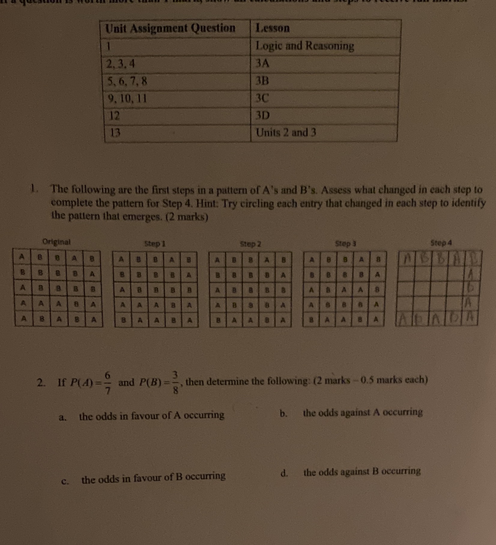  Unit Assignment Question Lesson Logic and Reasoning 2, 3. 4 3A
