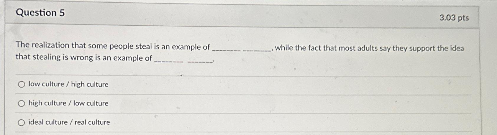  Question 5 3.03 pts The realization that some people steal is