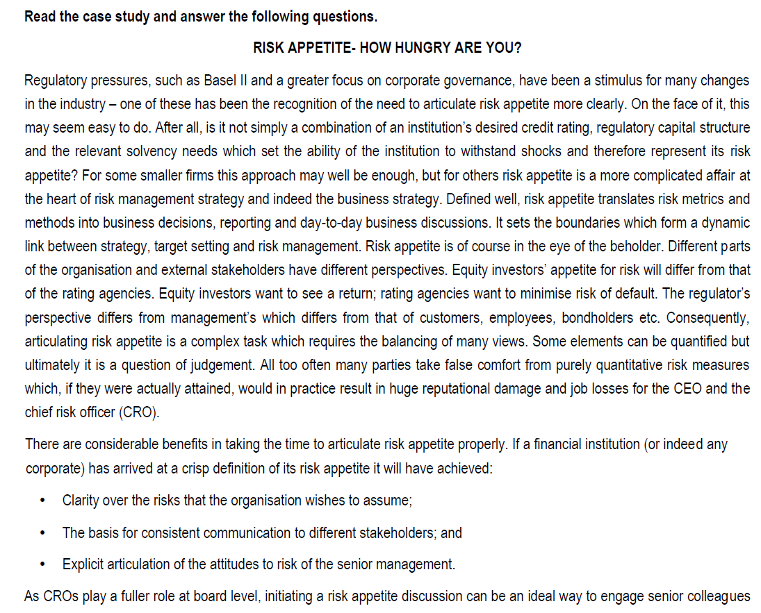  Case study 1.2 The case study highlights that the risk appetite