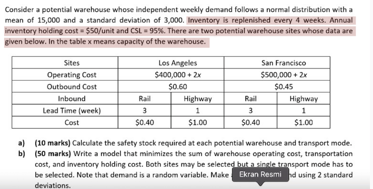  Consider a potential warehouse whose independent weekly demand follows a normal