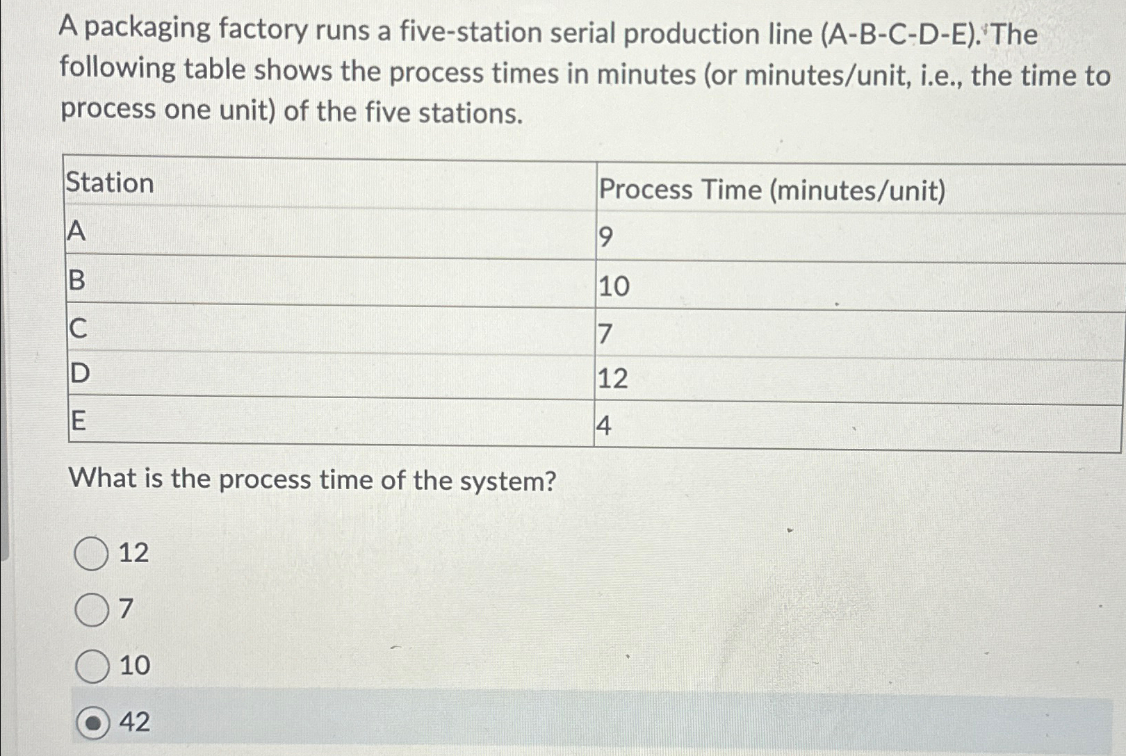  A packaging factory runs a five-station serial production line (A-B-C-D-E).The following