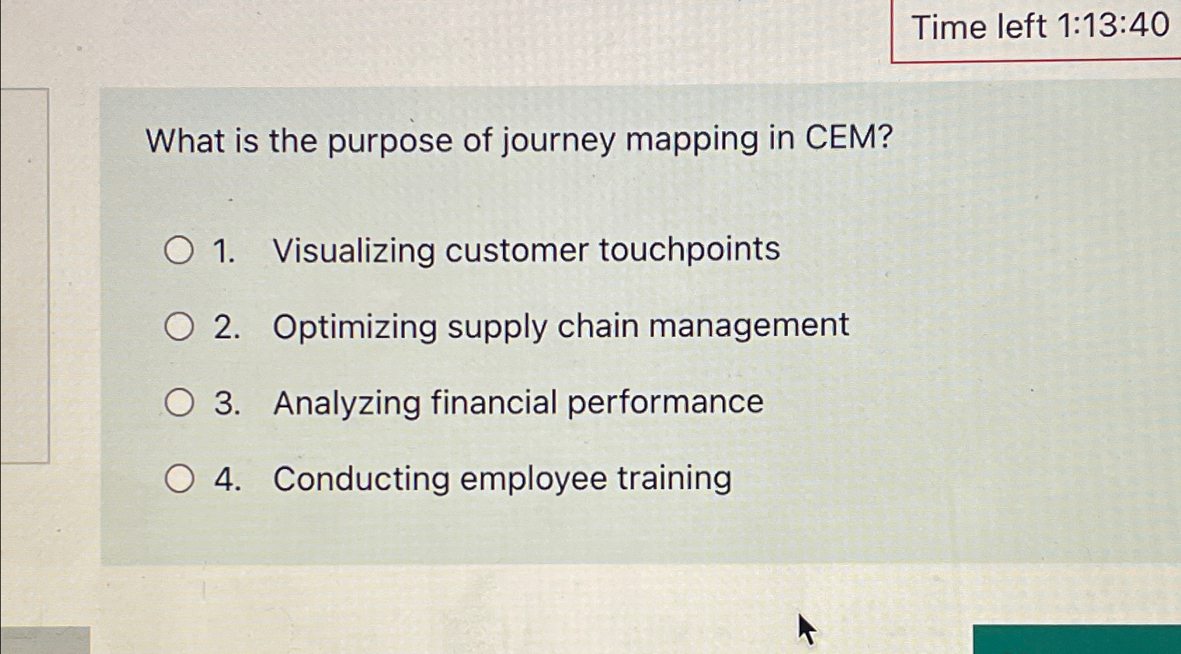 Time left 1:13:40 What is the purpose of journey mapping in