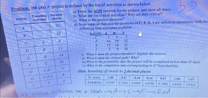  Problem. ( 60pts) A project is defined by the list of
