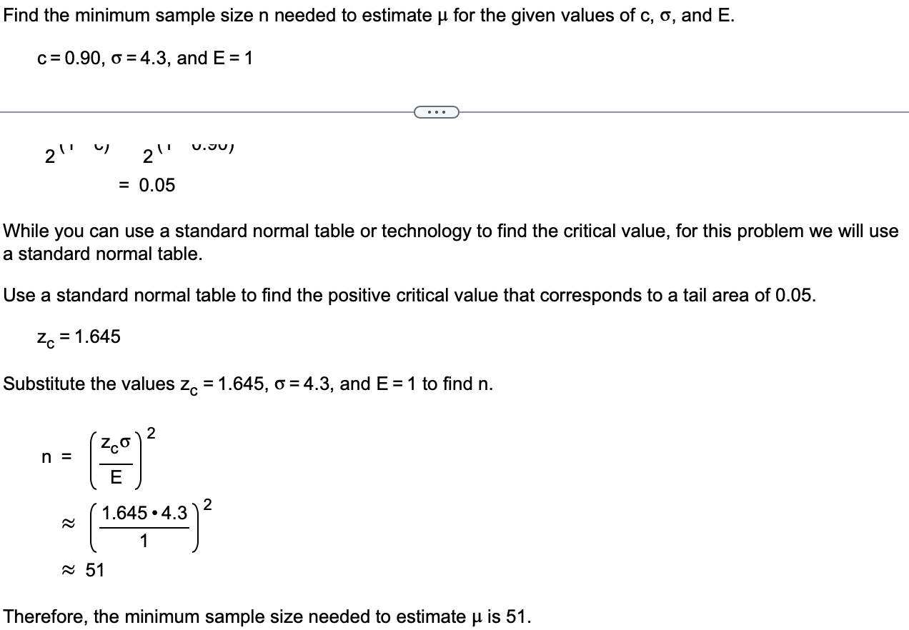 population mean p as shown below. Use the formula E = zc%