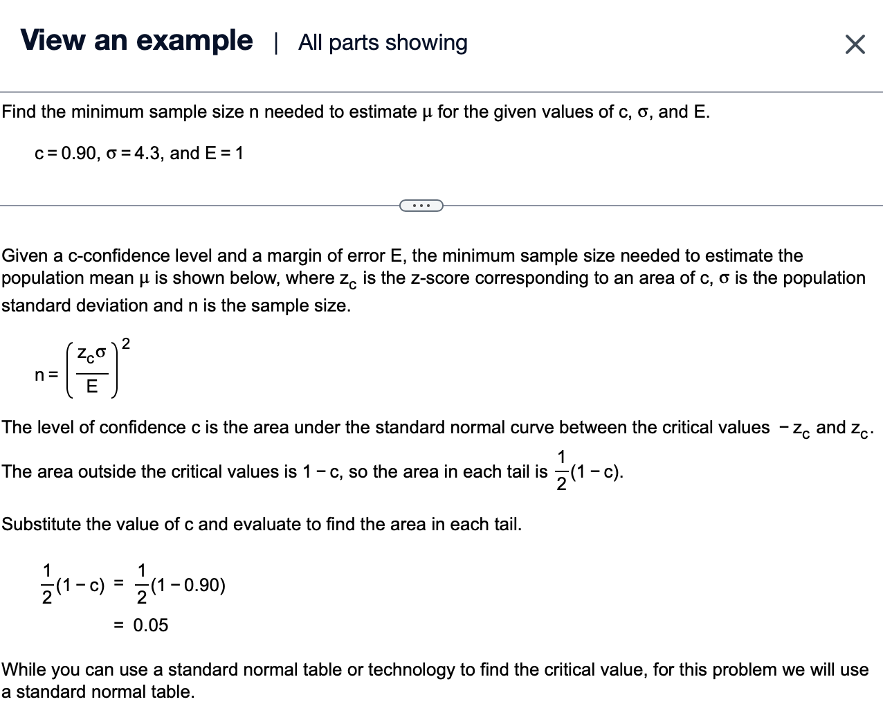 to an area of c, o is the population standard deviation and