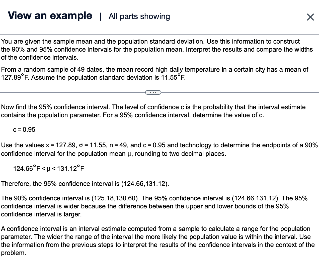 of 0.05. z,=1.645 Substitute the values z, =1.645, 6=12.0, and n=110 to