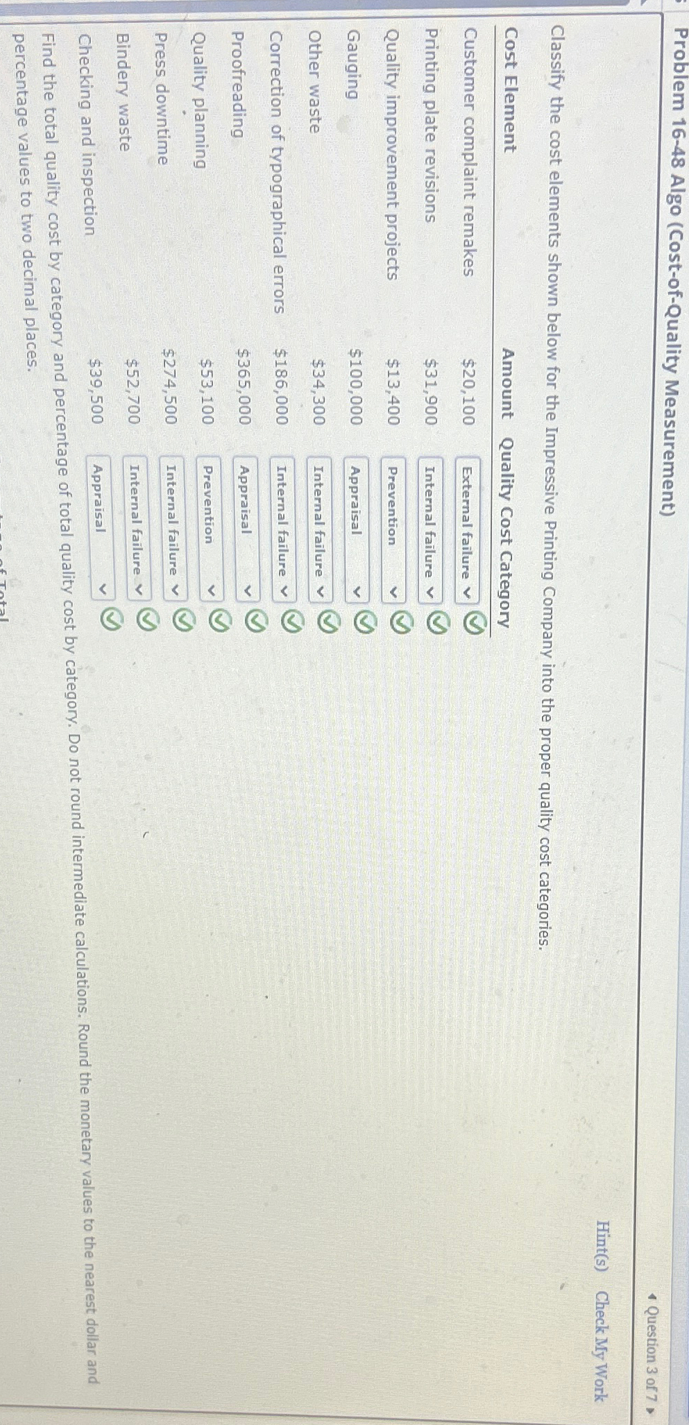  Problem 16-48 Algo (Cost-of-Quality Measurement) Question 3 of 7 Hint(s) Check