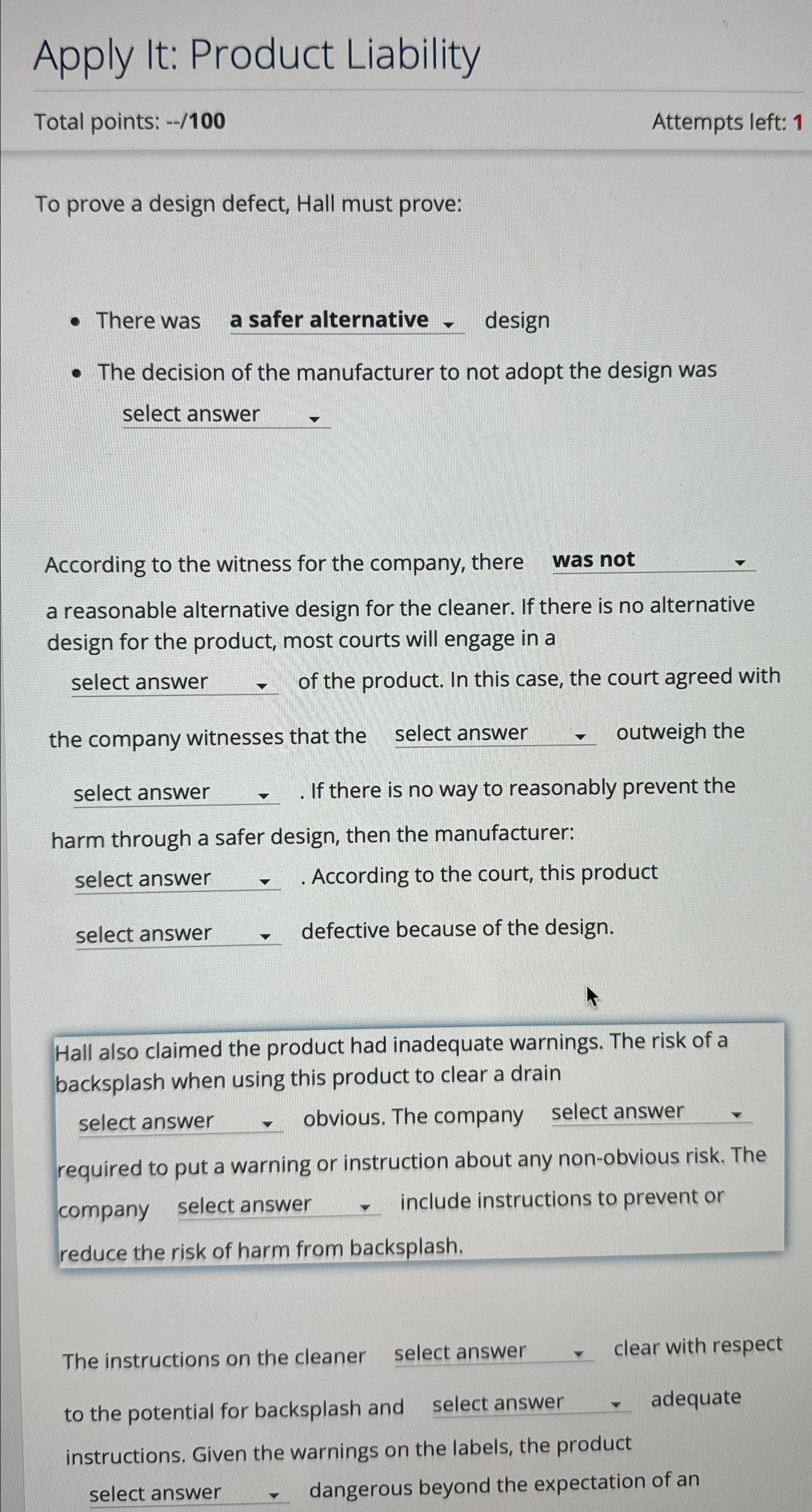  Apply It: Product Liability Total points: --/100 Attempts left: 1 To