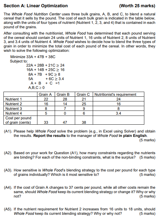 Section A: Linear Optimization (Worth 25 marks) The Whole Food Nutrition