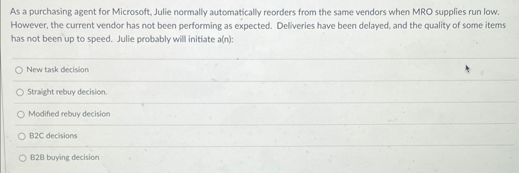  As a purchasing agent for Microsoft, Julie normally automatically reorders from