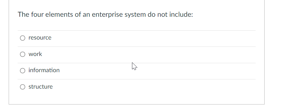  The four elements of an enterprise system do not include: resource