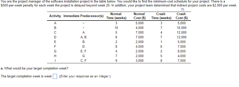 a. What would be your target completion week? The target completion